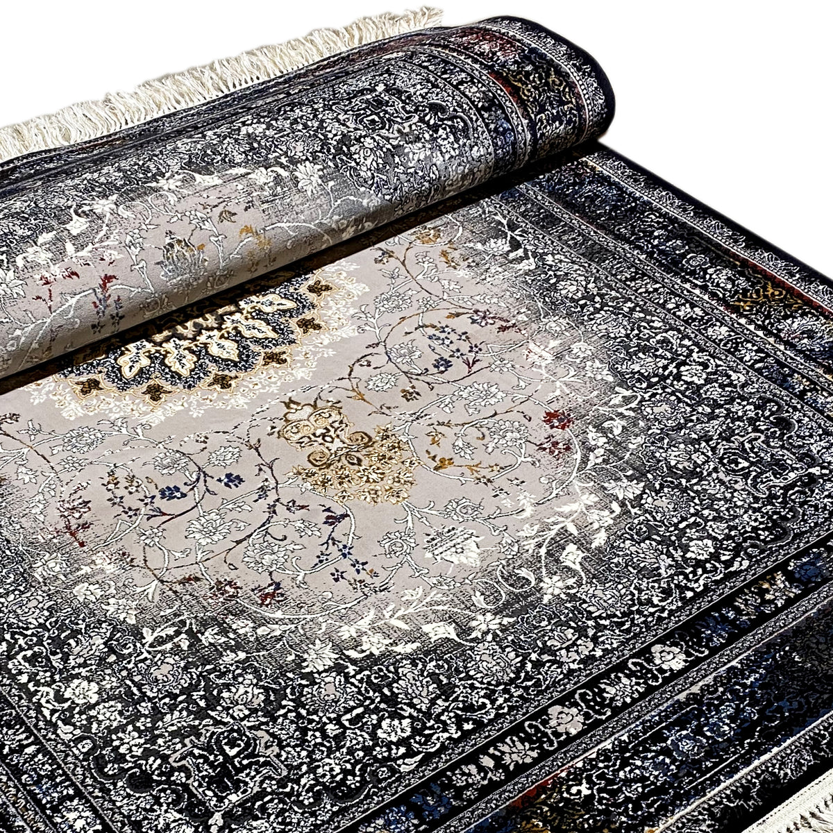 Rug with rolled edge and medallion, silvery-light patterns, dark blue border