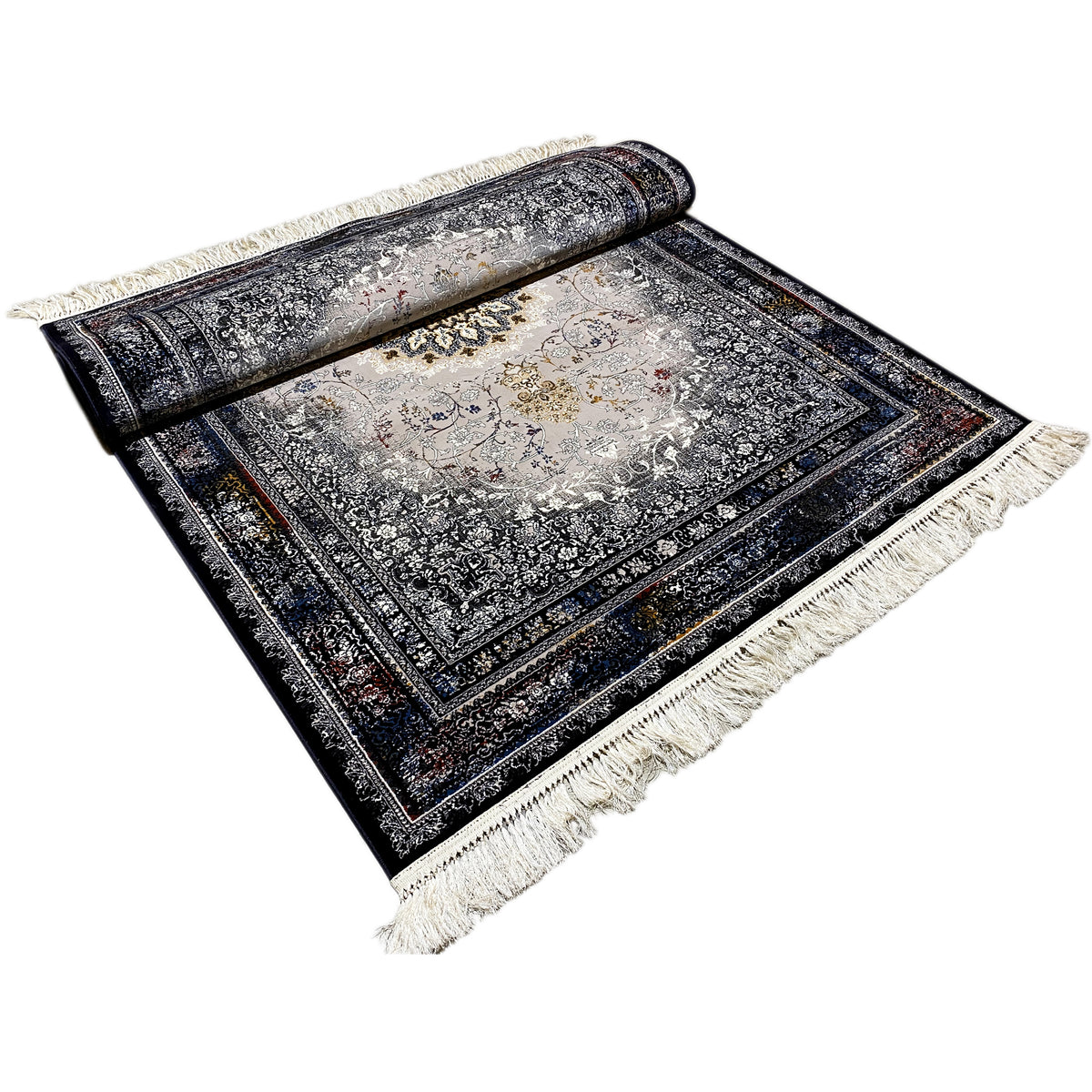 Rug in square view, baroque pattern in gray, beige, and dark blue, with fringes