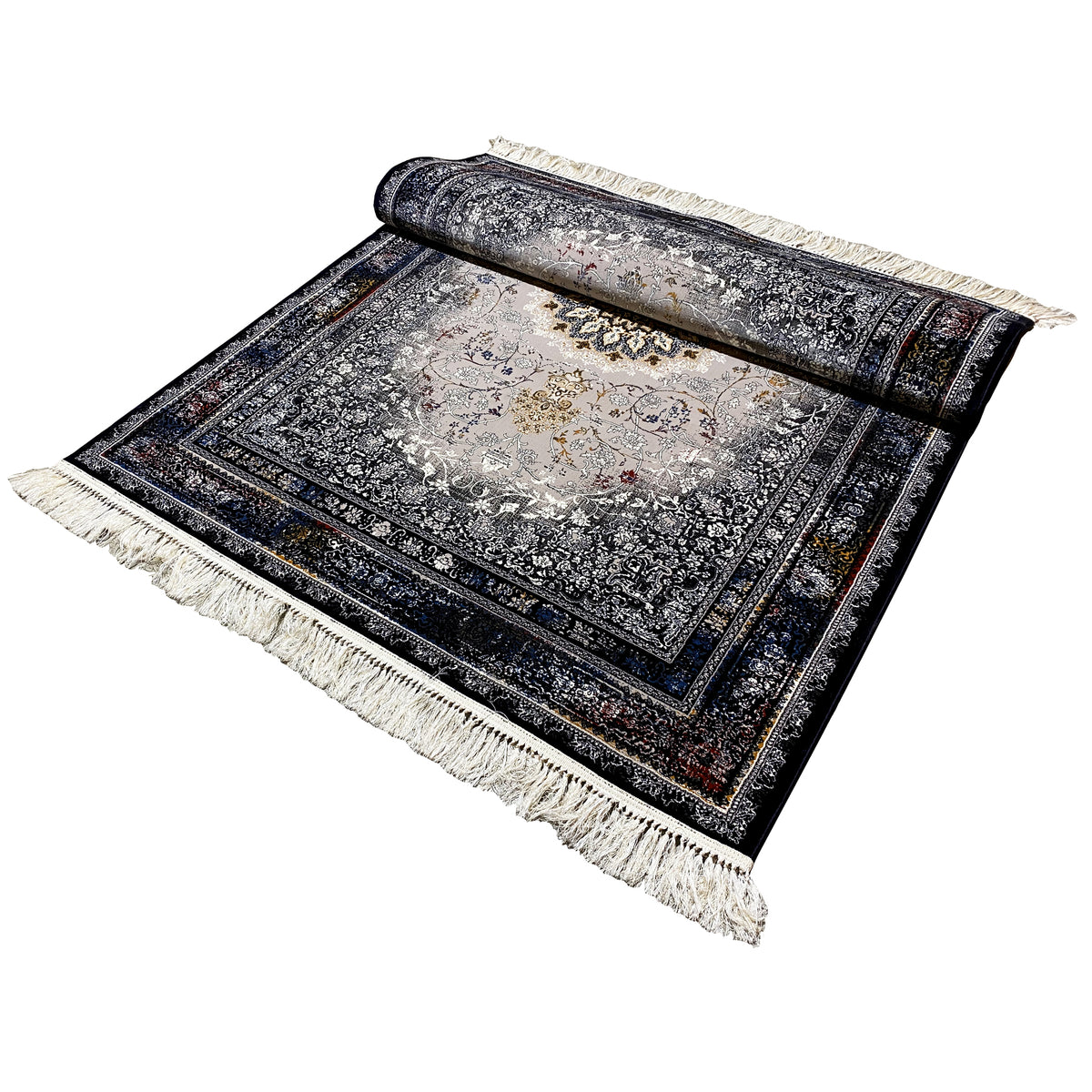 Medallion rug shown rolled, gray-cream pattern in a dark border, fringes along the edges