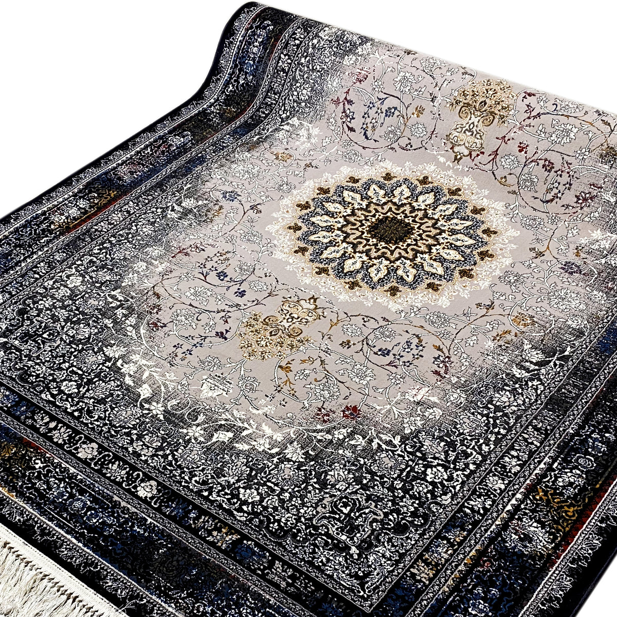 Rug with a central medallion and floral pattern, gray-beige colors, dark blue edges