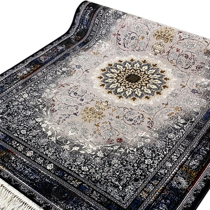 Rug with a central medallion and floral pattern, gray-beige colors, dark blue edges