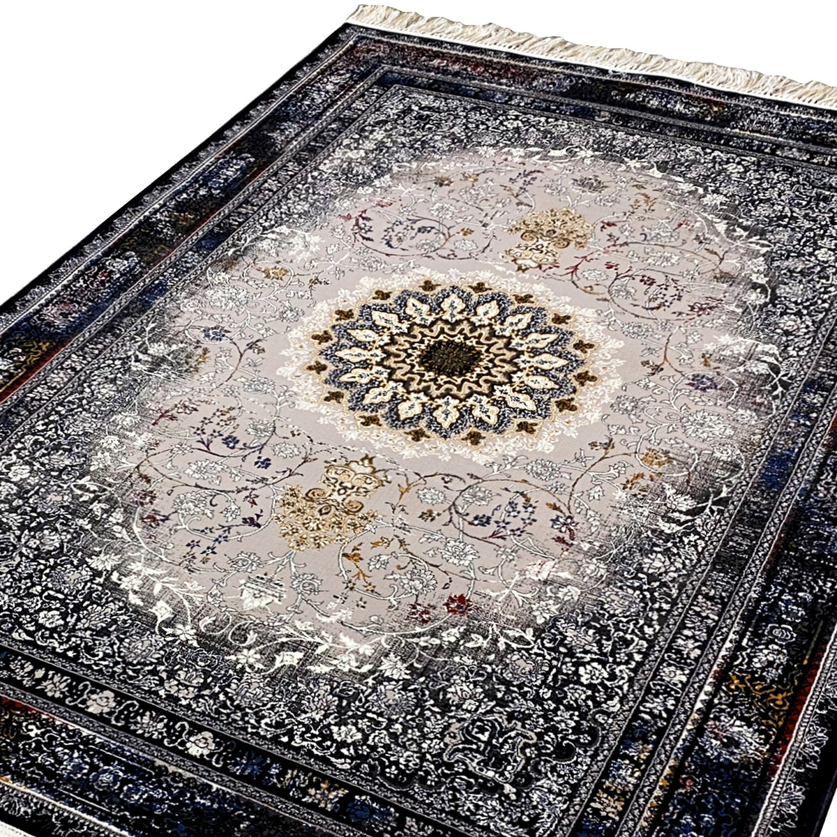 Medallion rug detail: all-over ornamental pattern, gray-cream background, gold-colored center, fringe