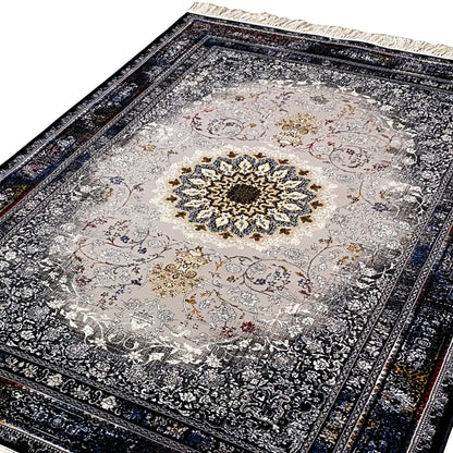 Medallion rug detail: all-over ornamental pattern, gray-cream background, gold-colored center, fringe