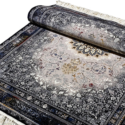Rug with ornamental medallion, dark blue/black, beige pattern, fringed edge
