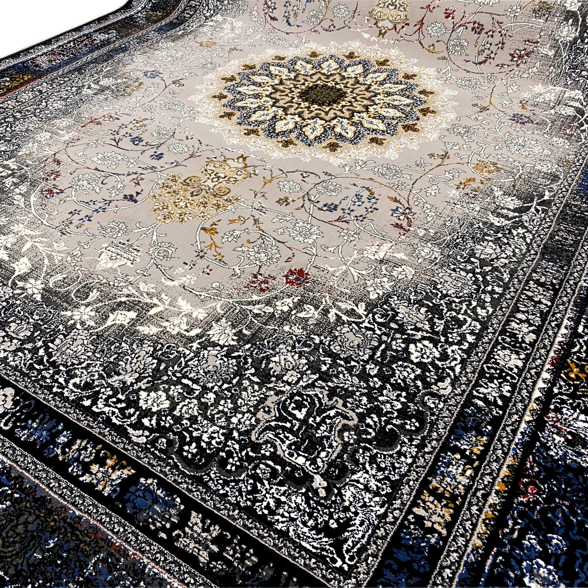 Close-up: rug pattern with medallion, silvery-gray background, dark floral ornaments