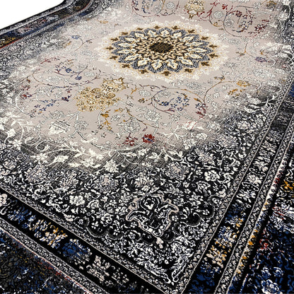 Close-up: rug pattern with medallion, silvery-gray background, dark floral ornaments