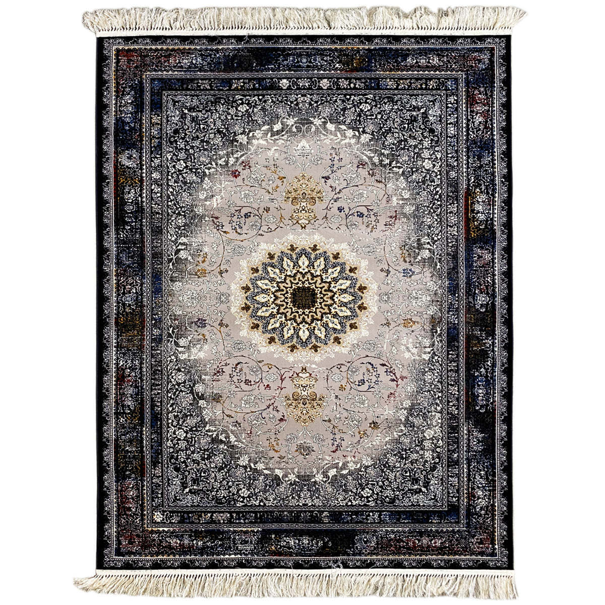 Rug with medallion design, gray-and-cream pattern, dark blue border, fringes along the edges