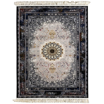 Rug with medallion design, gray-and-cream pattern, dark blue border, fringes along the edges