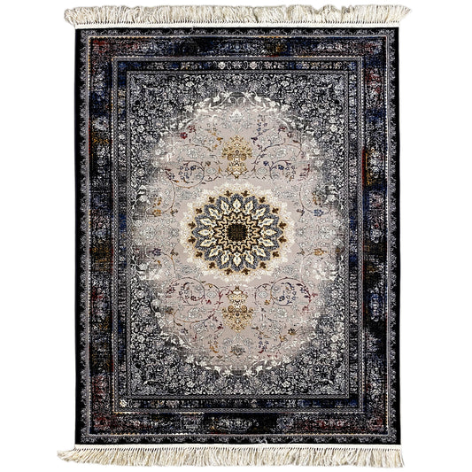 Rug with medallion design, gray-and-cream pattern, dark blue border, fringes along the edges