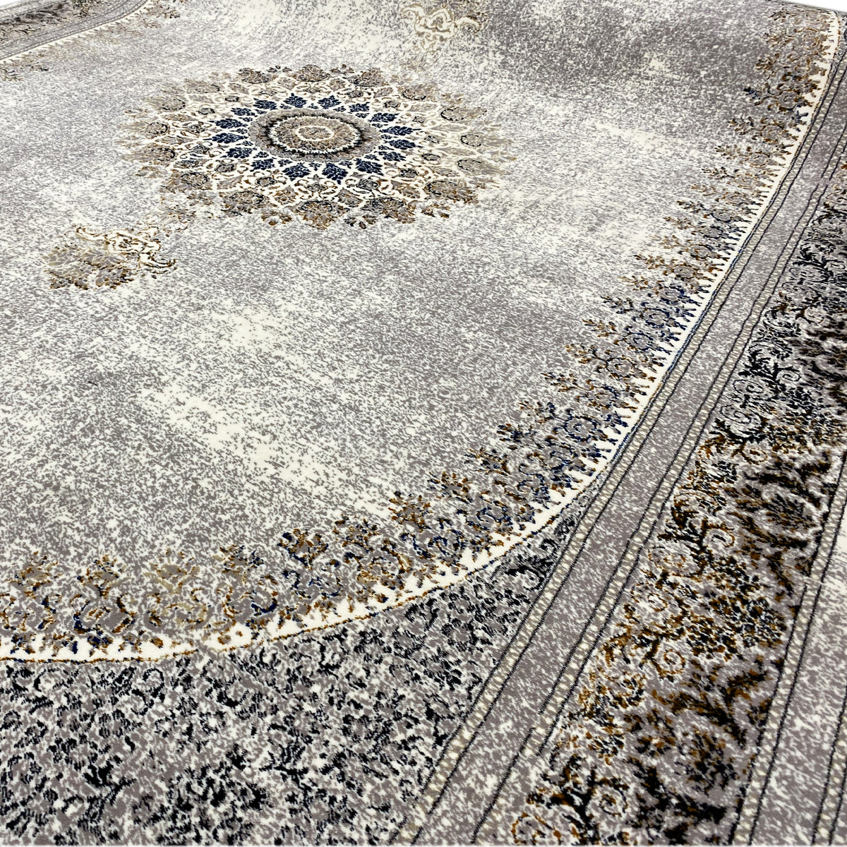 Silver-gray rug with an ornamental border and blue-gold accents, fringes