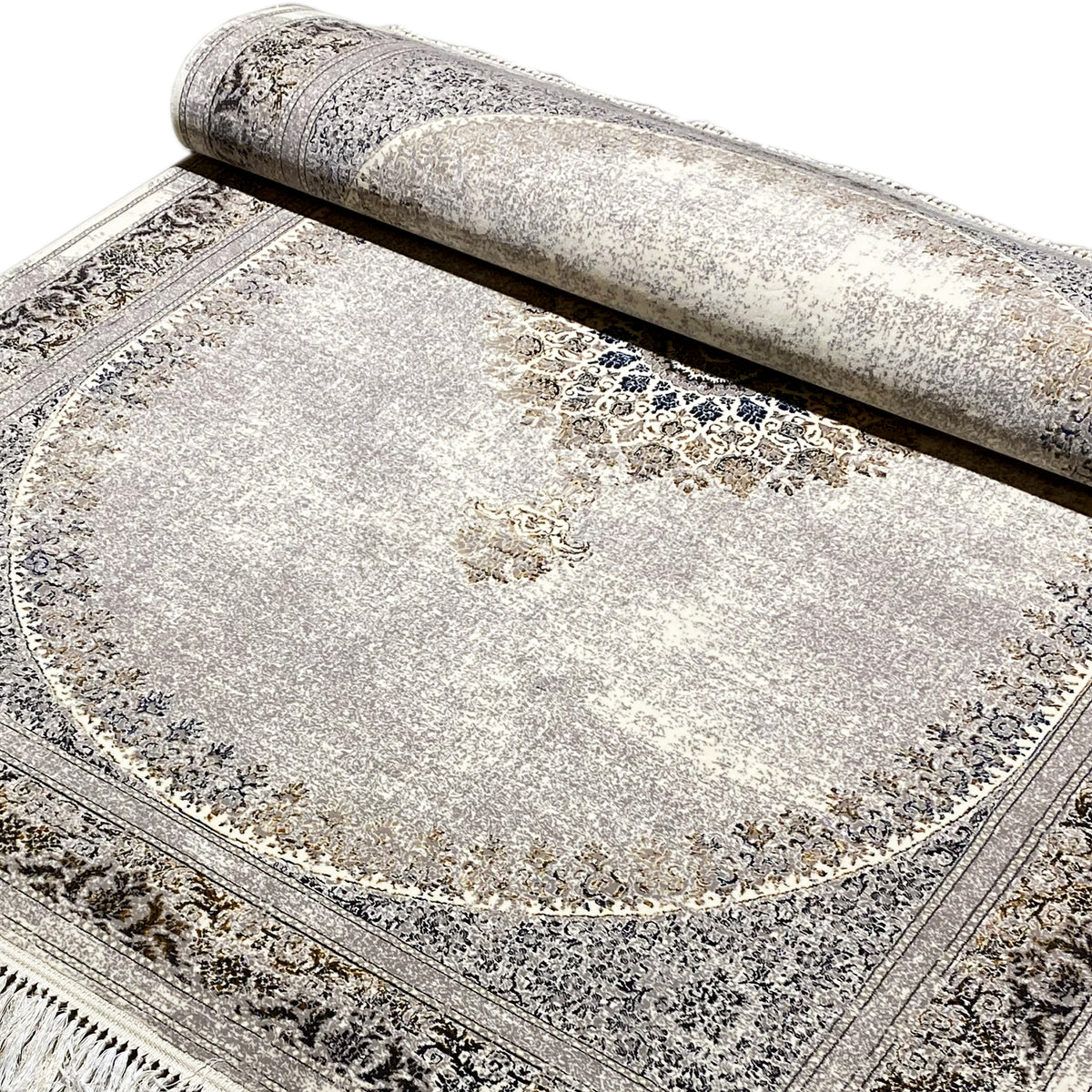 Rug 160×230 cm, silver-gray, rolled, with medallion and decorative border