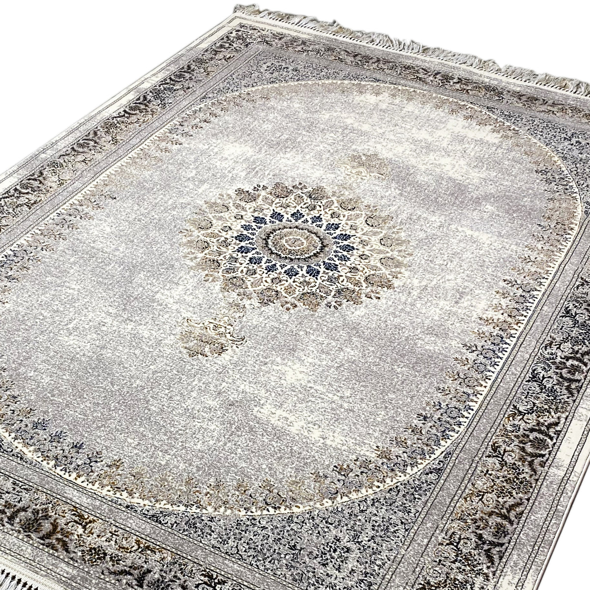 Silver-gray rug with a round medallion, dark Oriental border, and fringes
