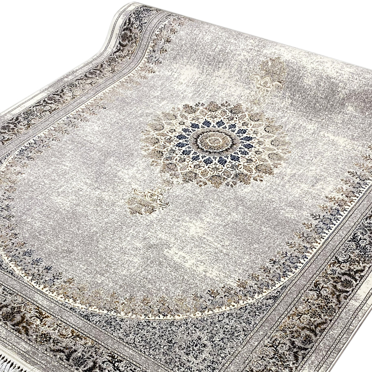 Silver-gray rug with blue central medallion, decorative border and fringes