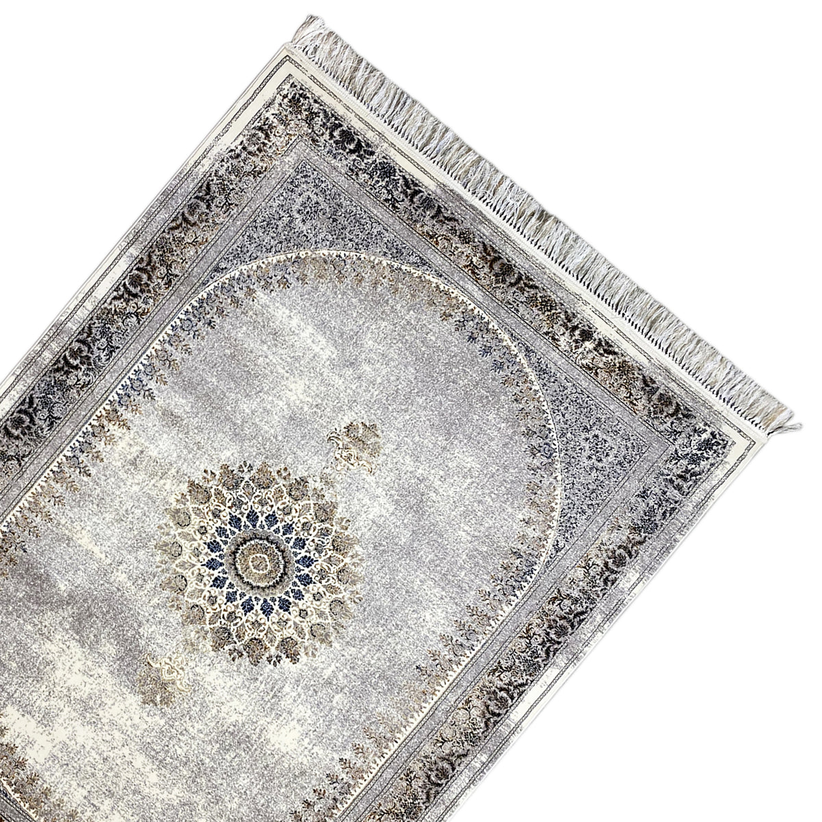 Vintage rug with a silver-gray pattern, ornamental border, and central medallion