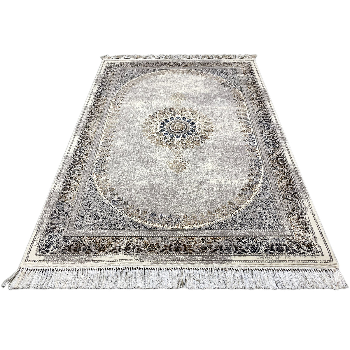 Vintage rug 160x230 cm with a gray background, medallion ornament, decorative border, and fringes