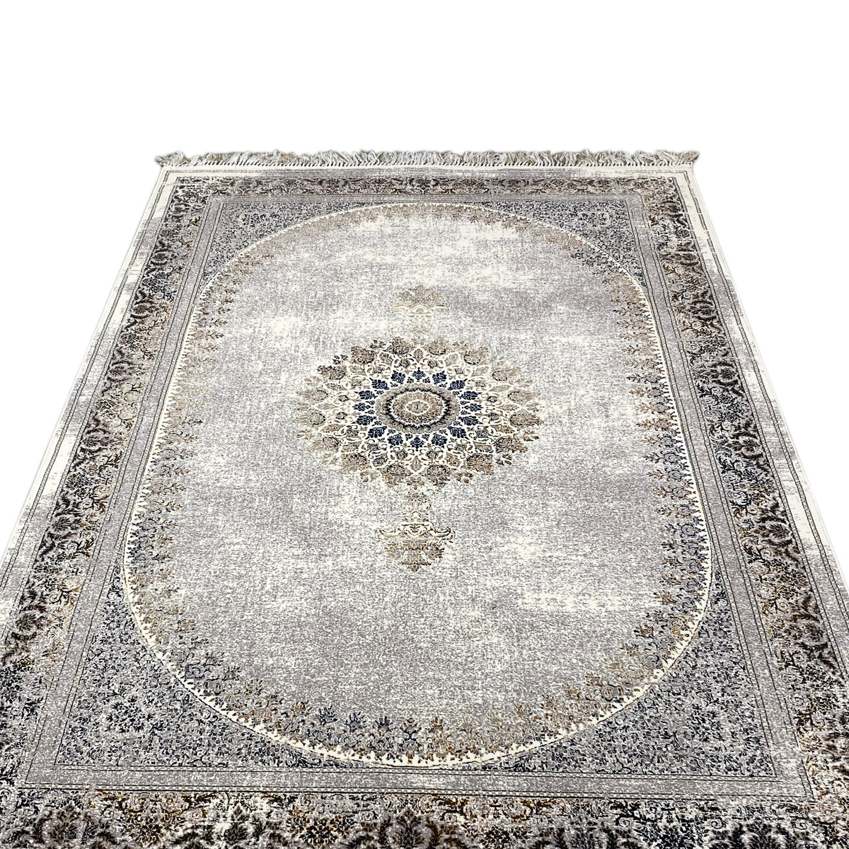 Vintage rug with round medallion design, gray sheen, and decorative border