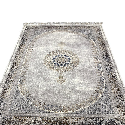 Vintage rug with round medallion design, gray sheen, and decorative border