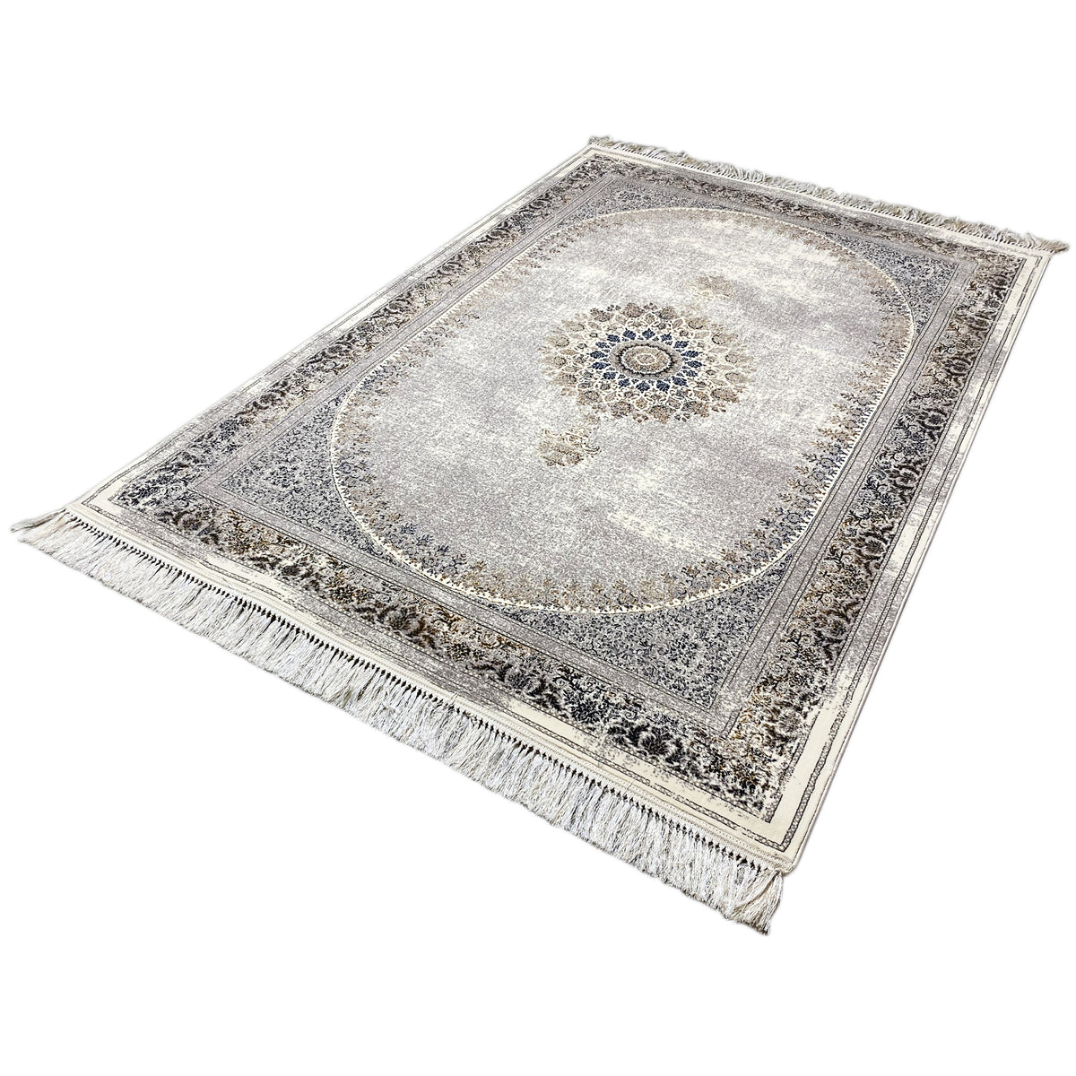 Rectangular vintage rug in silver gray with a central medallion, border, and fringes