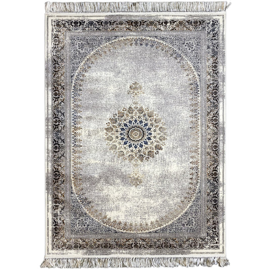 Vintage rug 160×230 cm with ornamental medallion and fringe, silver-gray