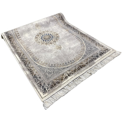 Rug 160×230 cm, silver gray, with a blue-and-gold medallion and decorative border, fringes