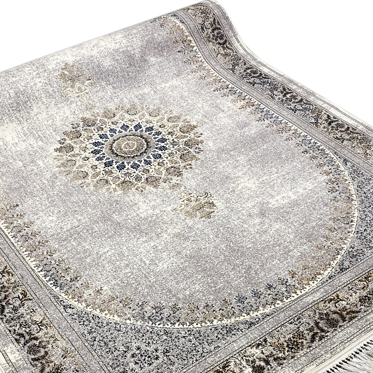 Silver-gray rug with a round ornamental medallion and embossed decorative border