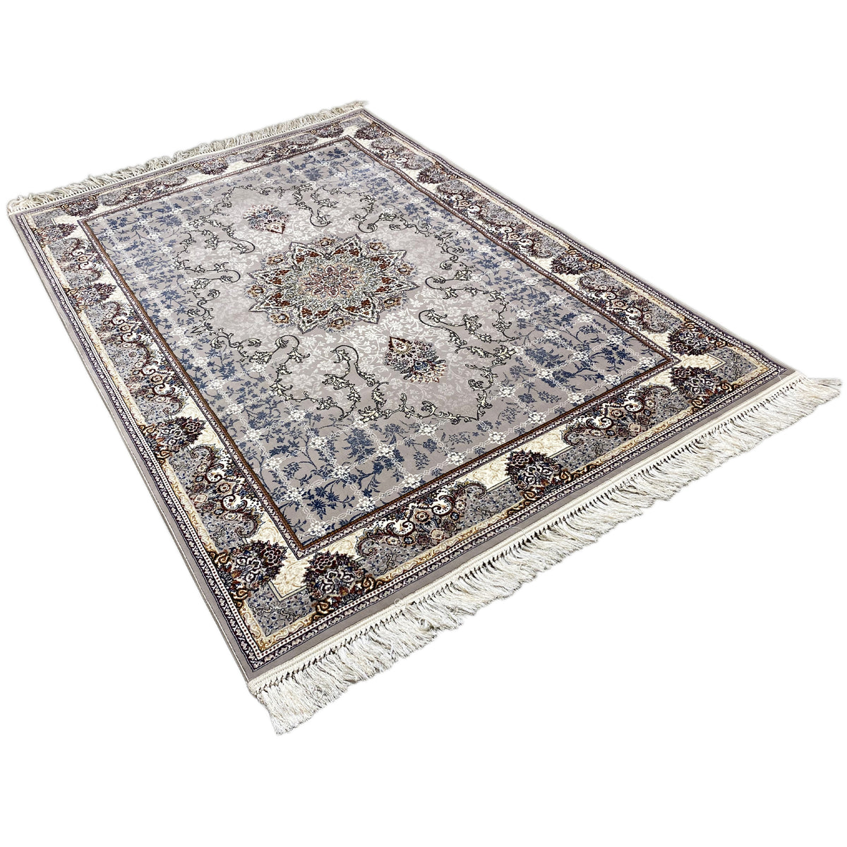 Nain rug laid flat with a blue background, central medallion, and fringes