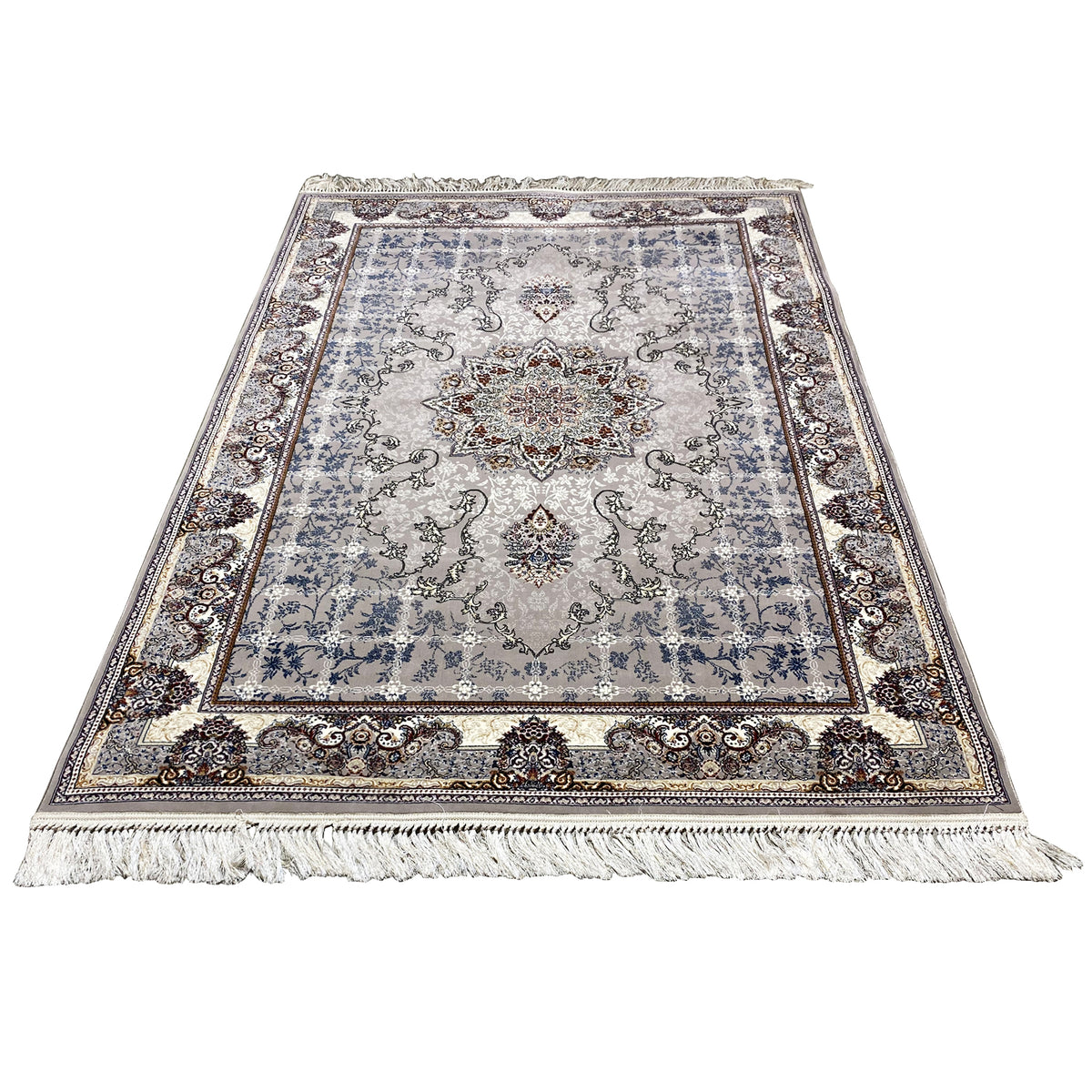 Nain rug in the image: light blue-gray medallion ornament, decorative border, and fringed edge