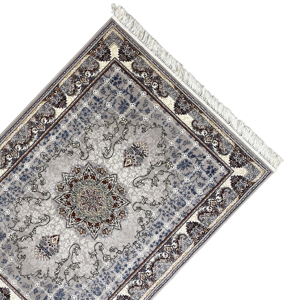 Diagonal view: Nain rug with a blue ornamental field, central medallion, and fringe