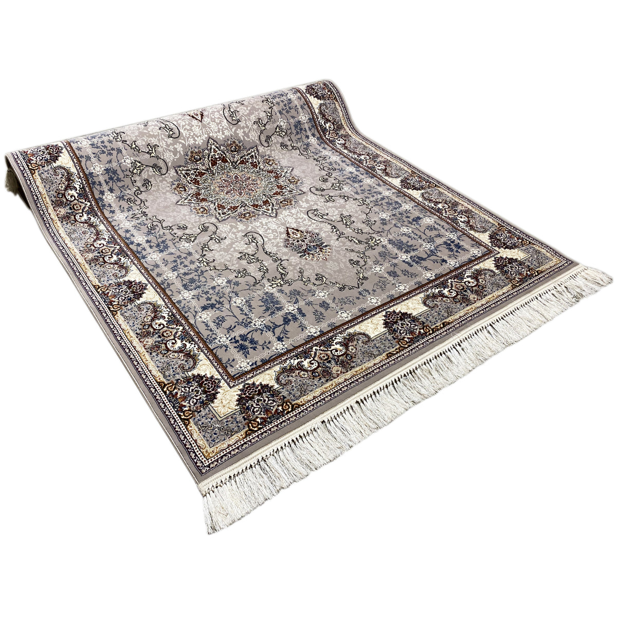 Nain rug laid flat: blue patterned field with medallion, surrounding border, fringes
