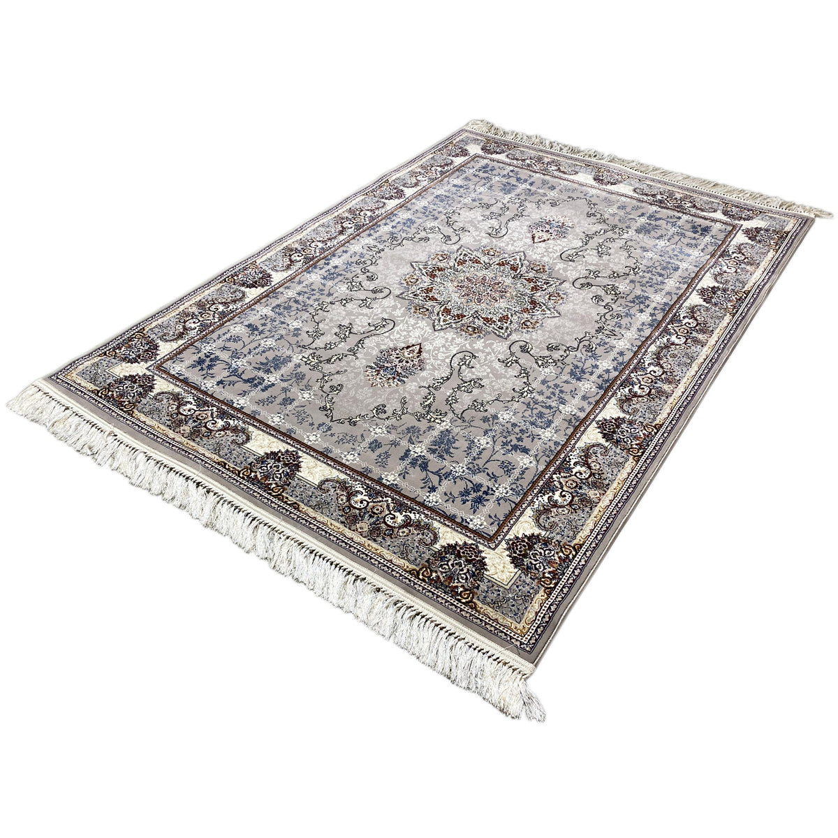 Rug with a light medallion in an ornamental design, blue-gray, brown border and fringes