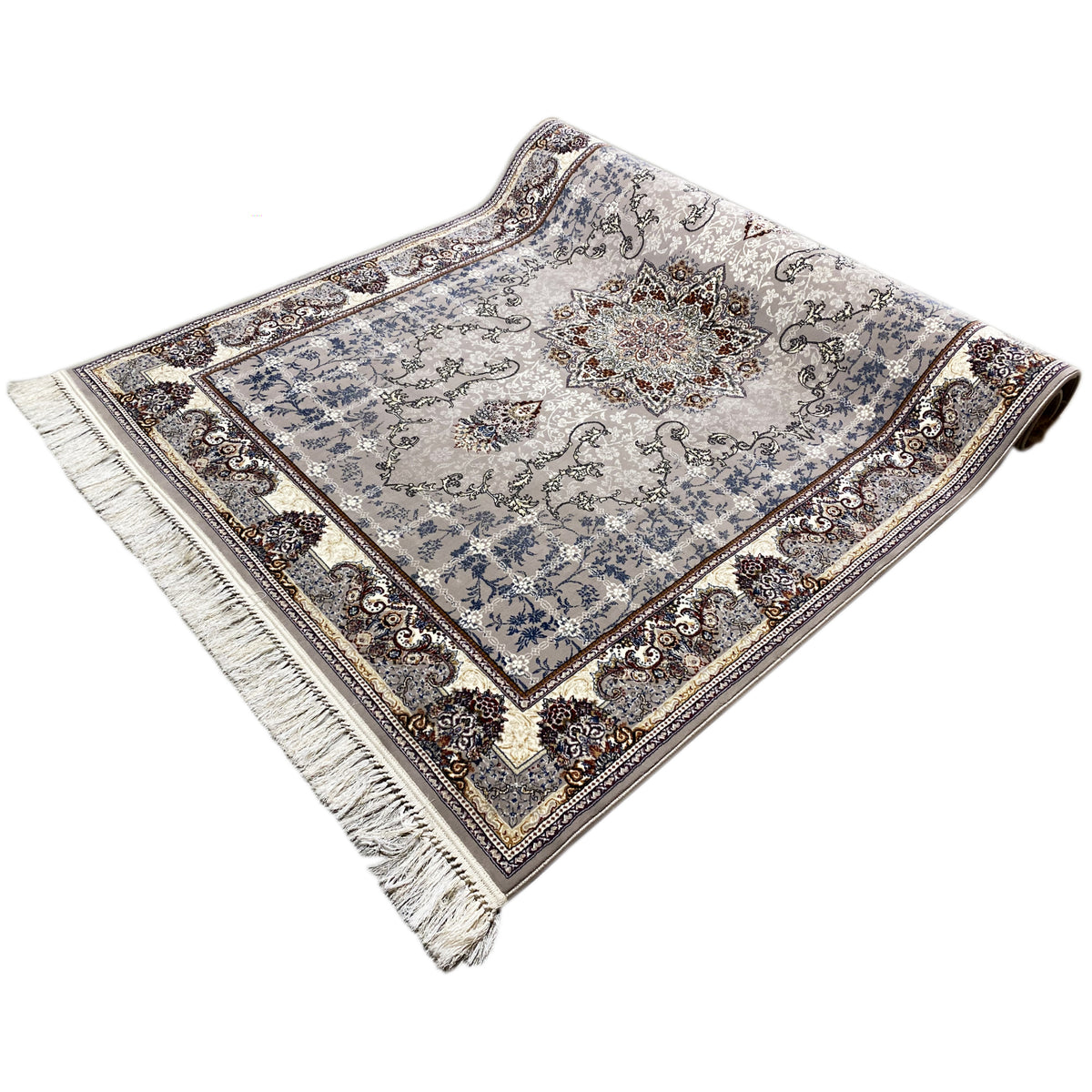 Medallion-look rug with an ornamental border, light blue-gray pattern, and fringes