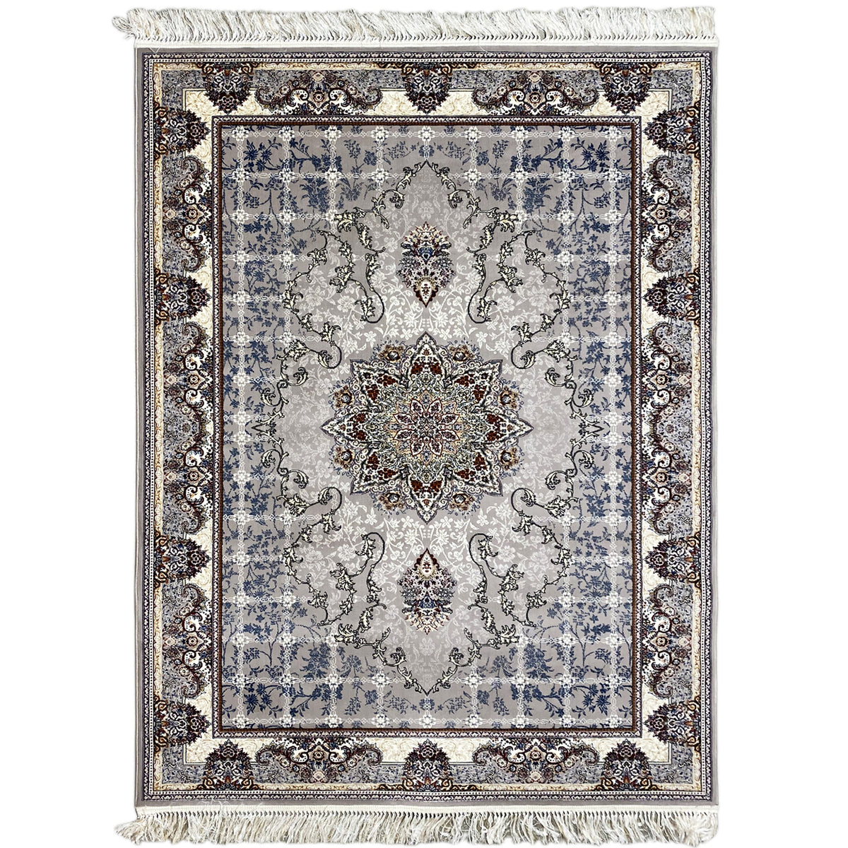 Nain rug with medallion, blue-gray ornamental pattern and surrounding decorative border, with fringes