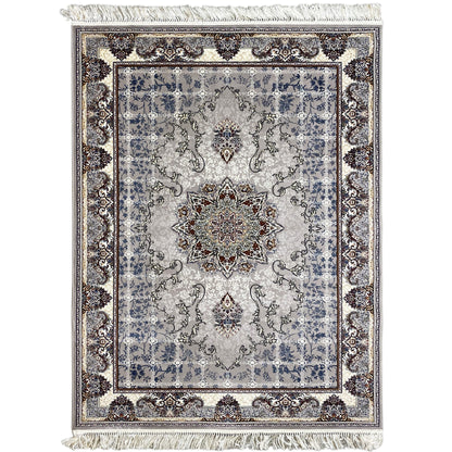 Nain rug with medallion, blue-gray ornamental pattern and surrounding decorative border, with fringes