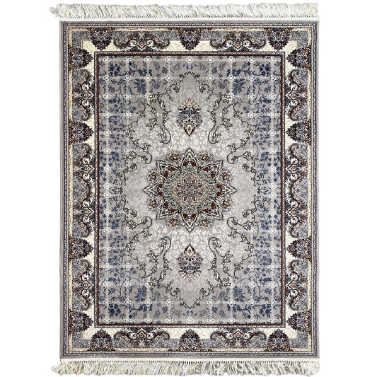 Nain rug with medallion, blue-gray ornamental pattern and surrounding decorative border, with fringes