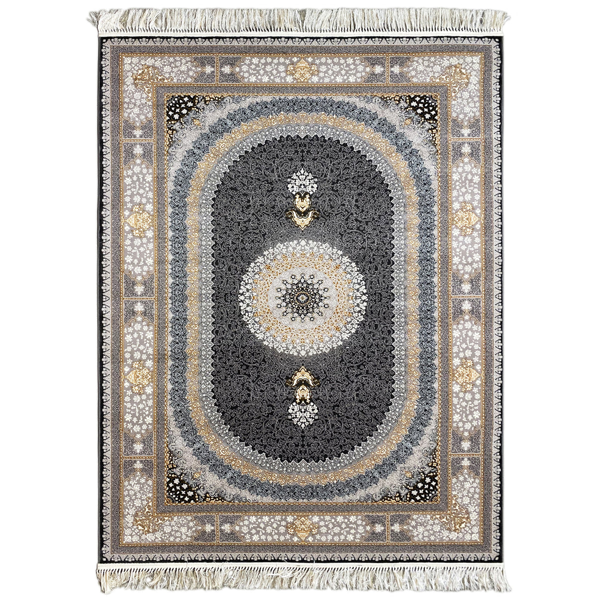 Ornamental rug with a round medallion, dark background, gold-colored accents, and fringes