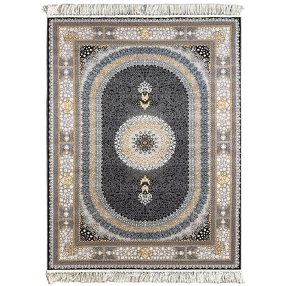 Ornamental rug with a round medallion, dark background, gold-colored accents, and fringes
