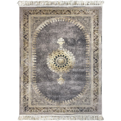 Rug with medallion design, mottled gray, golden-brown border and fringe