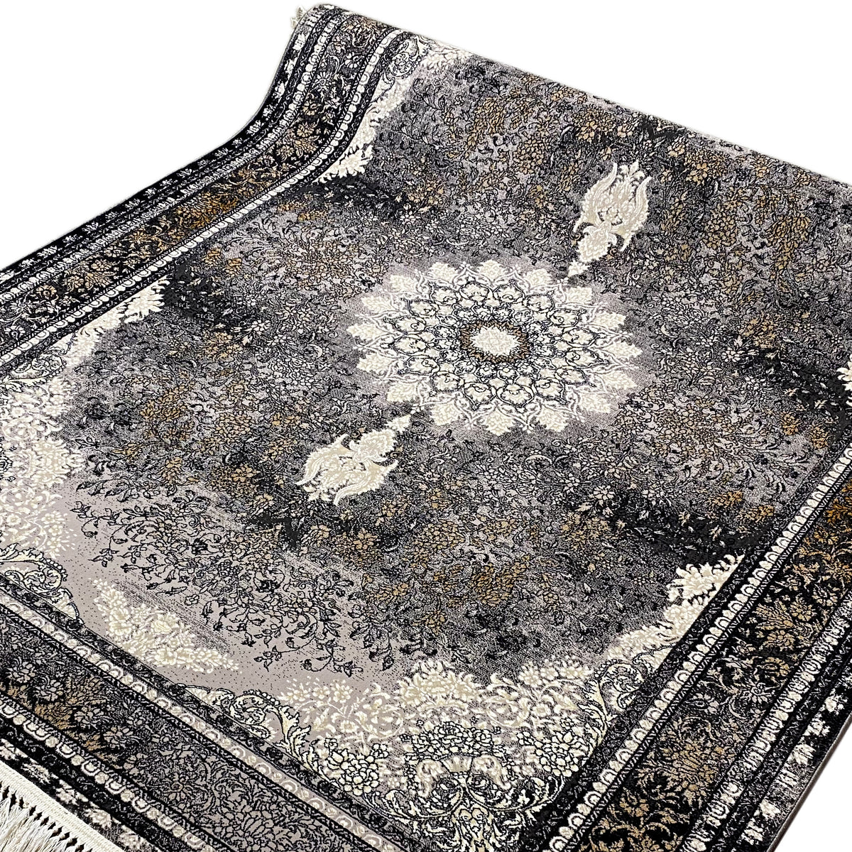 Rug 160x230 cm close-up: gray-brown ornamental pattern, central medallion, dark border