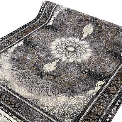 Rug 160x230 cm close-up: gray-brown ornamental pattern, central medallion, dark border