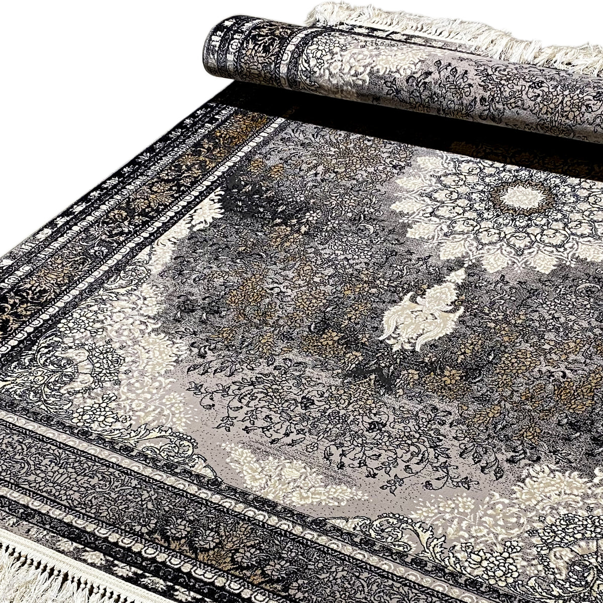Vienna Oriental rug, anthracite with ornaments and fringes, rolled, 160x230 cm