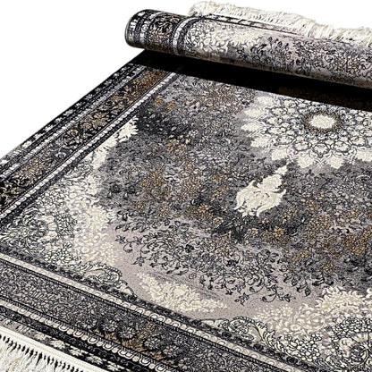 Vienna Oriental rug, anthracite with ornaments and fringes, rolled, 160x230 cm