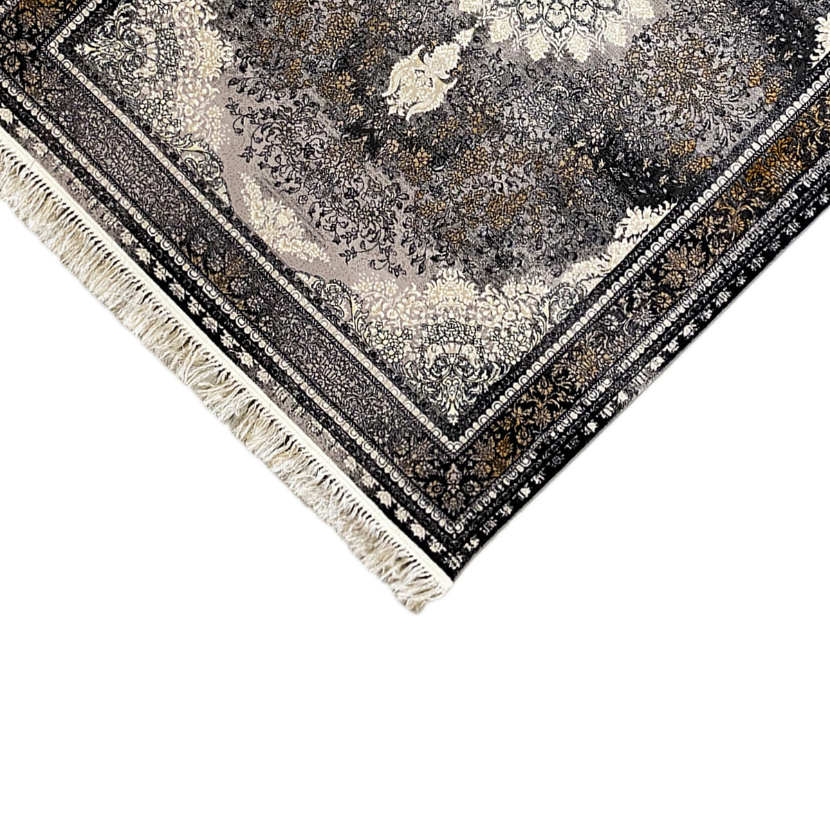 Rug 160x230 cm corner detail: dark border, light medallion, fringe along the edge