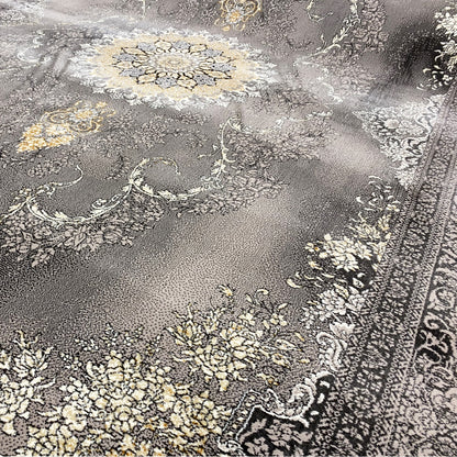 Close-up of Kashan rug: gray pile with floral ornaments in gold and beige