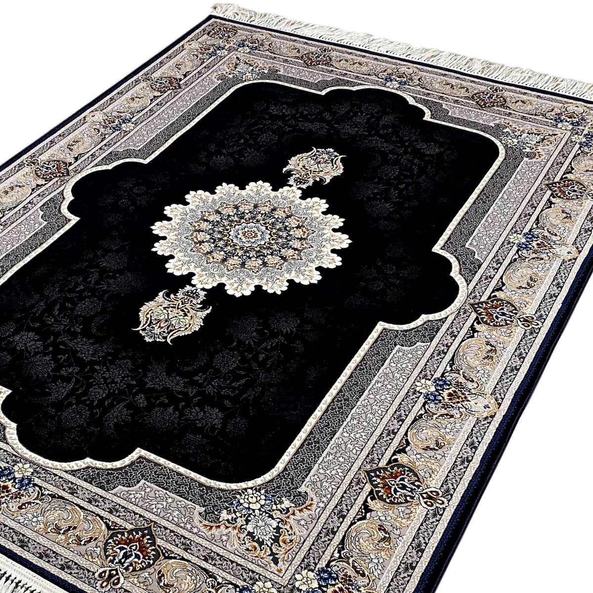Black carpet field with a central rosette motif and Baroque borders