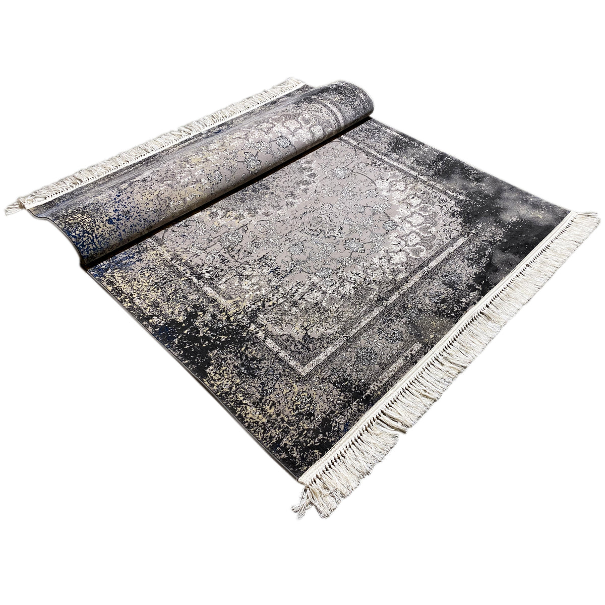Vintage rug in gray with an ornamental pattern, patterned border, and fringes along the edges
