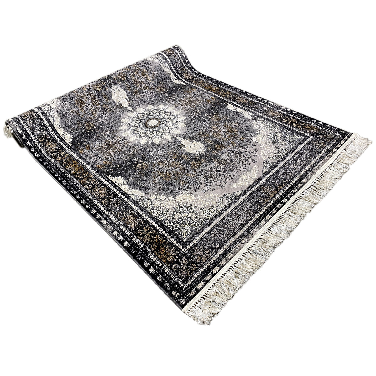 Vienna Oriental rectangular rug with ornaments in anthracite/cream, fringes, 160x230 cm
