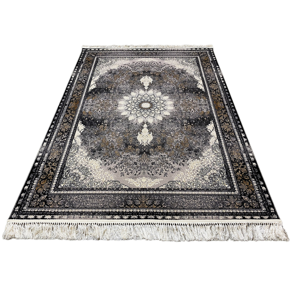 Vienna oriental rug, rectangular, central medallion, border pattern, with fringes