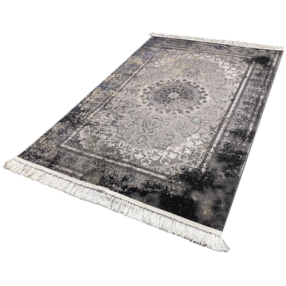 Rectangular vintage rug in gray with a contrasting border, ornamental medallion, and fringes