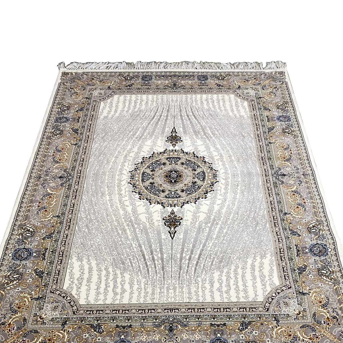 Elara rug 160x230 front view: cream with dark and gold decorative borders, fringes