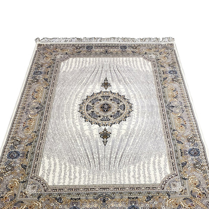 Elara rug 160x230 front view: cream with dark and gold decorative borders, fringes